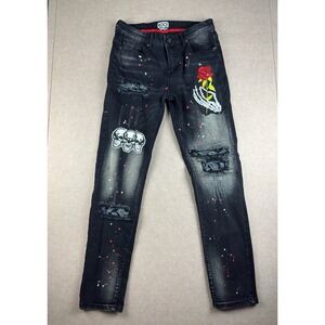 Rock Salt Jeans Men‎ 30 Black Skinny Paint Skull Rose Patch Distressed